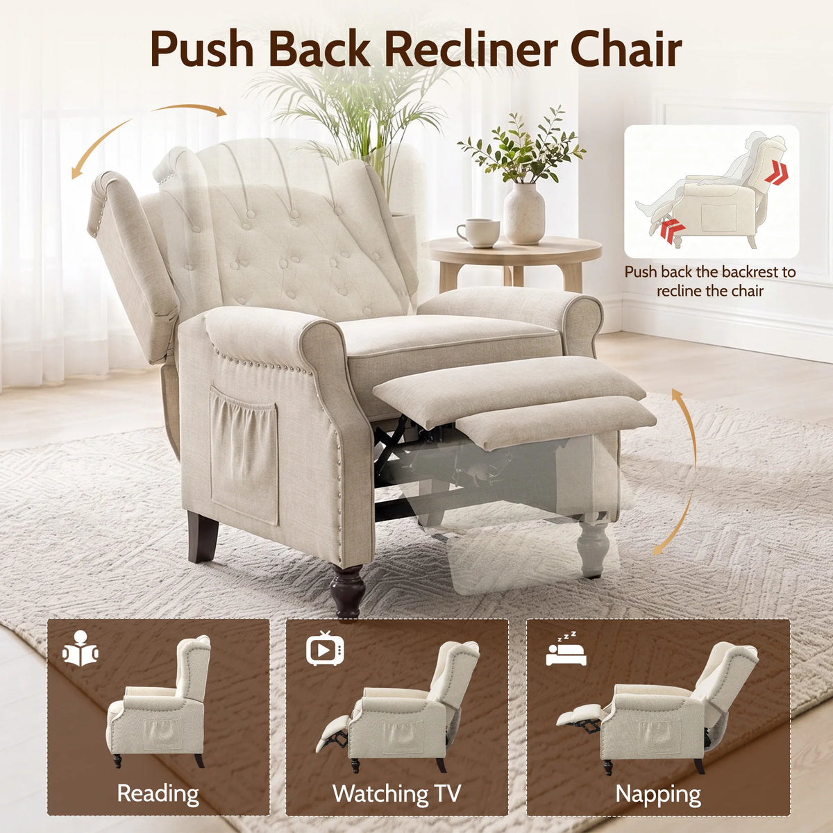 TCGBKAF Mid Century Wingback Massage Heated Recliner With Wooden Legs