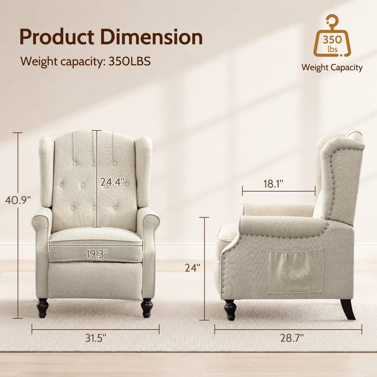 TCGBKAF Mid Century Wingback Massage Heated Recliner With Wooden Legs