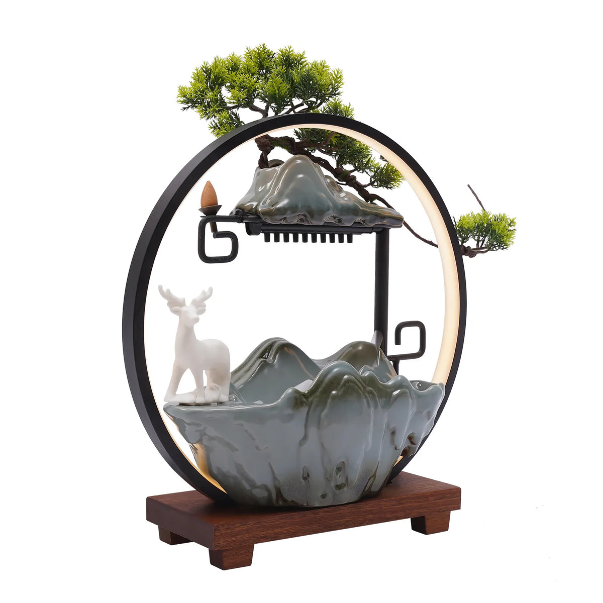 Bymaocar Ceramic Tabletop Fountain LED Mist Effect Bonsai Decor
