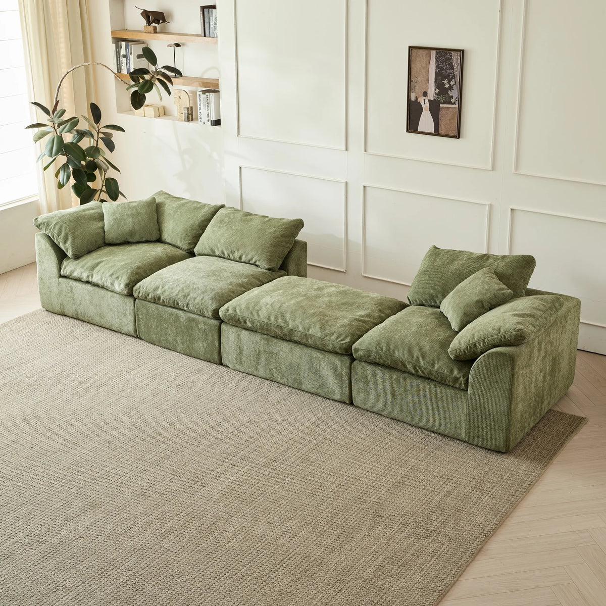 Modern Cloud L-Shaped 3-Seater Oversized Deep Seat Chenille Fabric Sofa green Modular Sectional with Ottoman