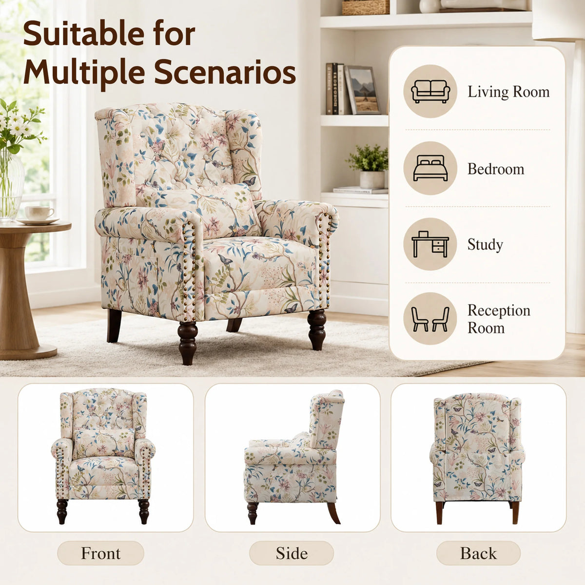 TCGBKAF Vintage Floral Wingback Club Chair Mid Century Modern Upholstered
