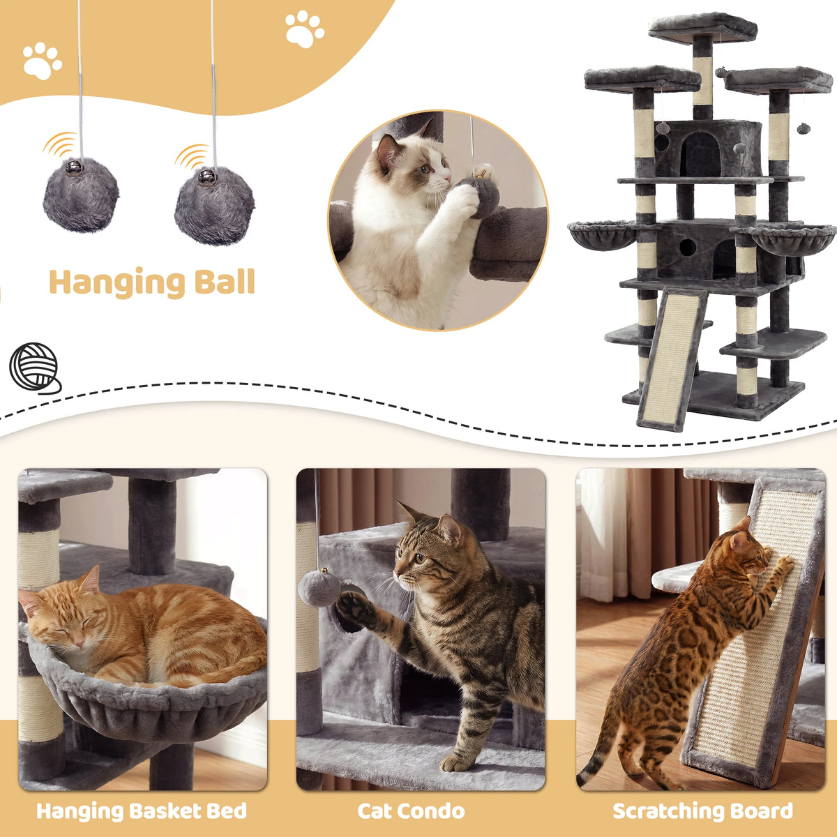 FOOWIN Indoor Cat Tree Tower With Plush Perches And Condos