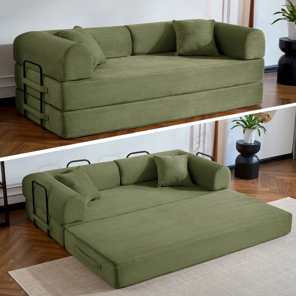 79’’ Folding Convertible Sofa Bed Corduroy Upholstered Boneless Couch, Loveseat Sleeper Floor Sofa for Living Room Bedroom