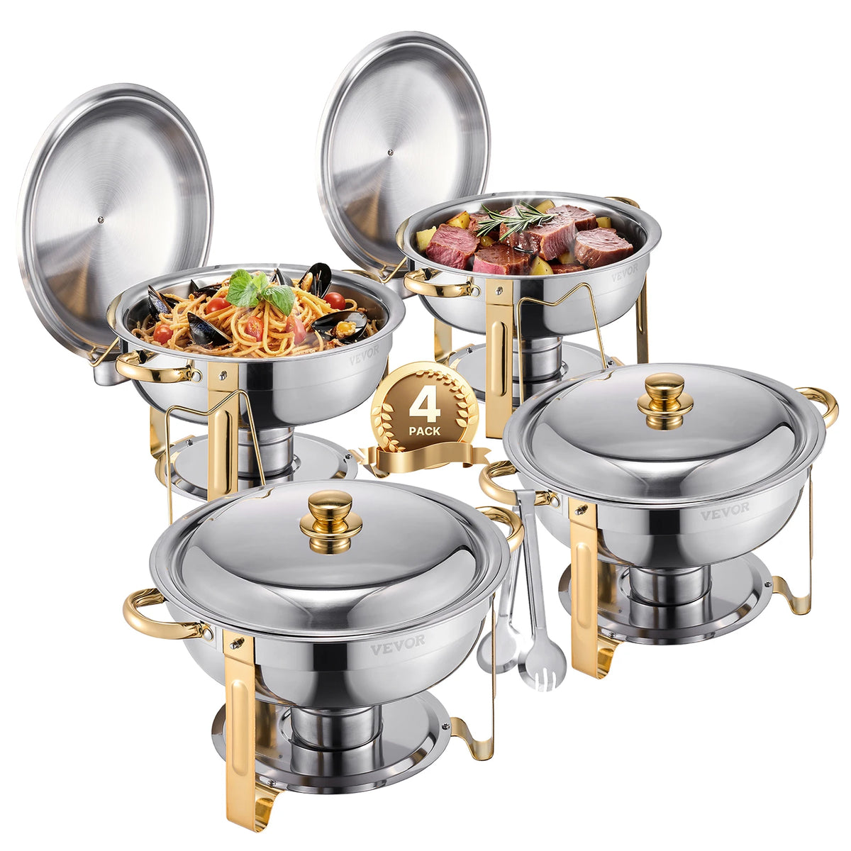 SucceBuy 4 Pack Chafing Dish Buffet Set Stainless Steel Chafer w/4 Full Size Pan Round Catering Warmer Server for Party Banquets