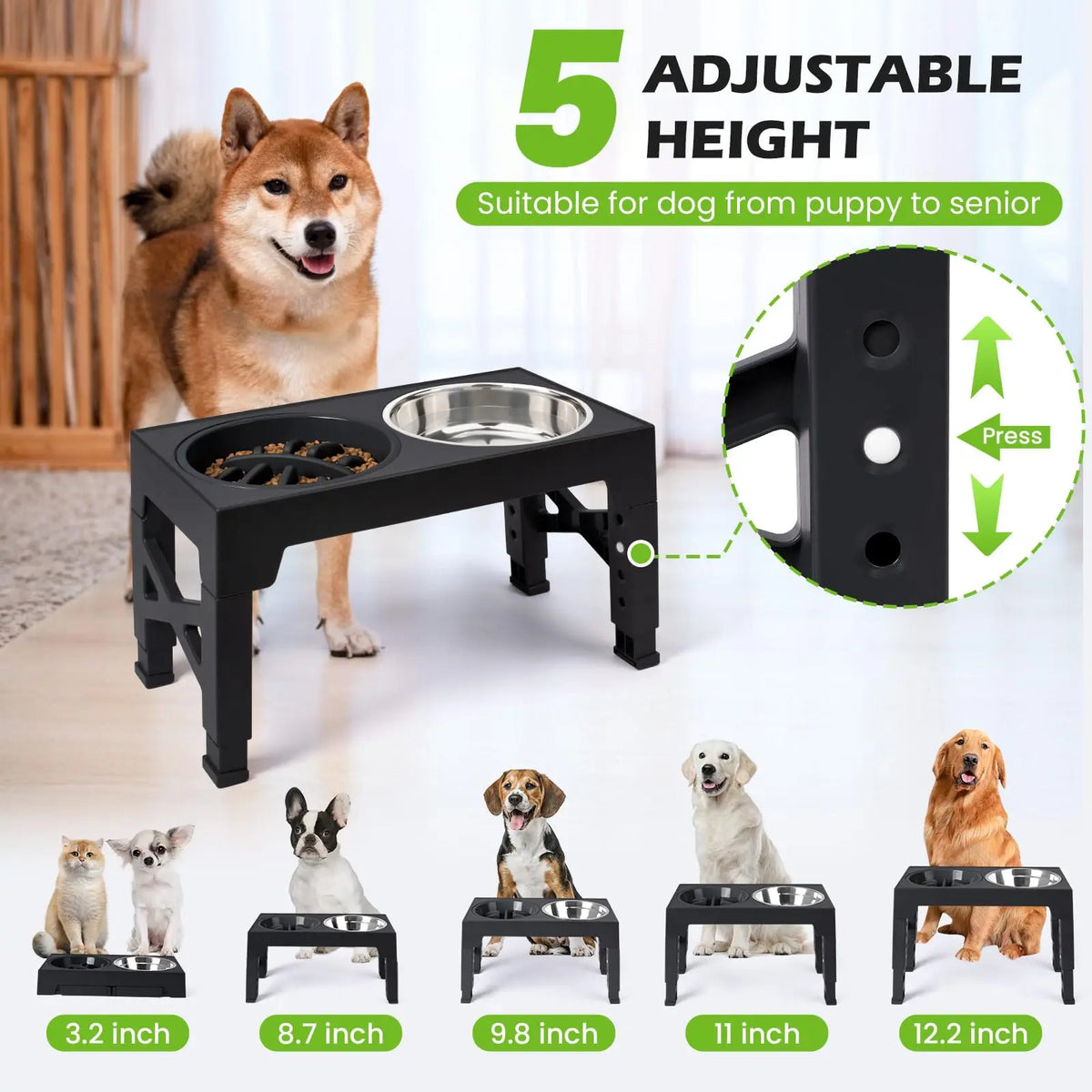 Petrael Adjustable Elevated Dog Feeder Stand Double Stainless Steel Bowls