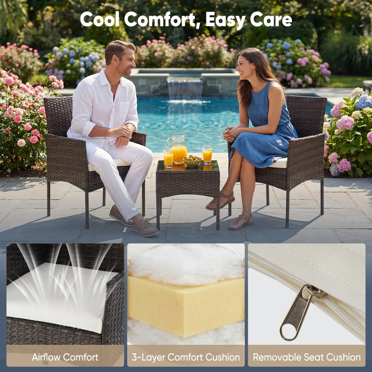 JHK Outdoor Wicker Bistro Set With Glass Table And Cushions