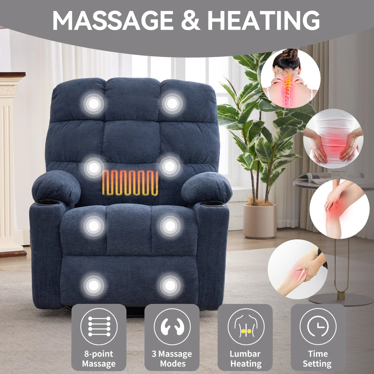 Metal Rocking Recliner Chair With Massage Heat And Cup Holders