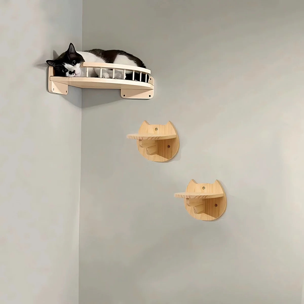 CWV Pine Wood Wall Mounted Cat Tree With Steps Hammock