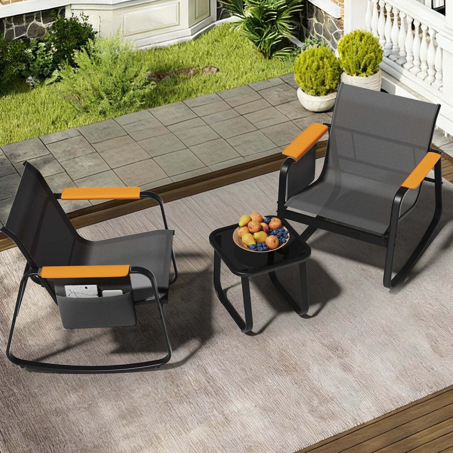 All Weather Bistro Set With Textilene Chairs And Glass Top