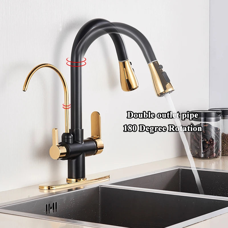 Purification Kitchen Sink Faucet Purified Water Hot and Cold Water Faucets Black Golden Deck Mounted Dual Handle Mixer Tap