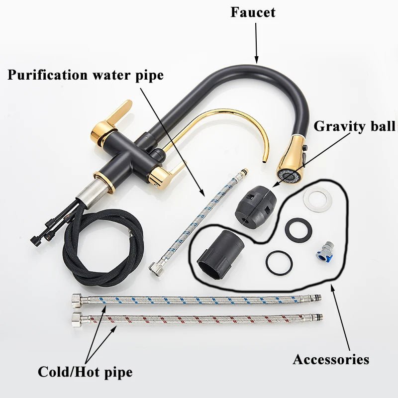 Purification Kitchen Sink Faucet Purified Water Hot and Cold Water Faucets Black Golden Deck Mounted Dual Handle Mixer Tap
