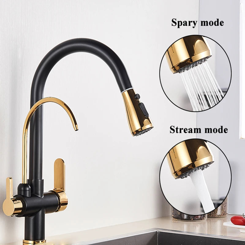 Purification Kitchen Sink Faucet Purified Water Hot and Cold Water Faucets Black Golden Deck Mounted Dual Handle Mixer Tap