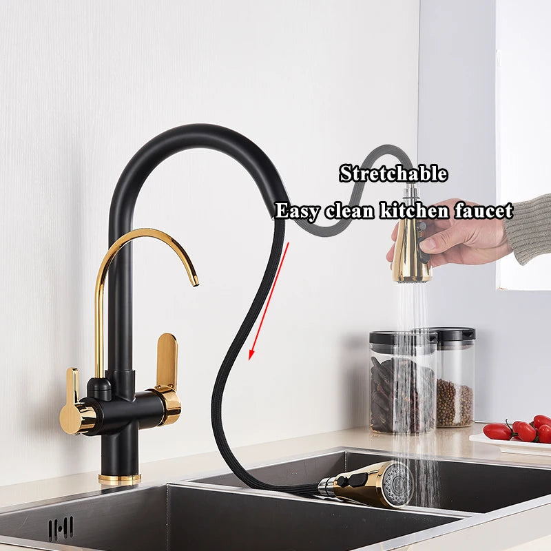 Purification Kitchen Sink Faucet Purified Water Hot and Cold Water Faucets Black Golden Deck Mounted Dual Handle Mixer Tap