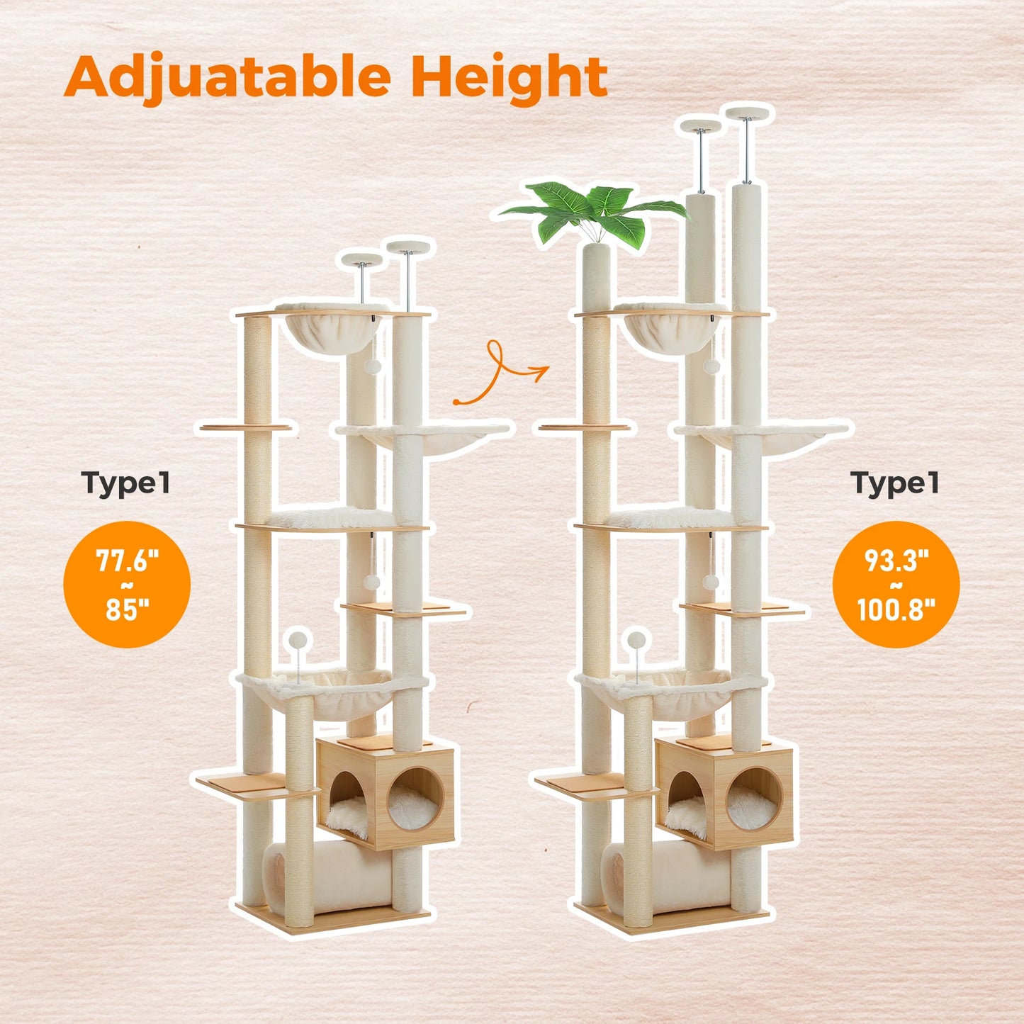 Pawz Road Height Adjustable Wooden Cat Tree Sisal Hammock Tower
