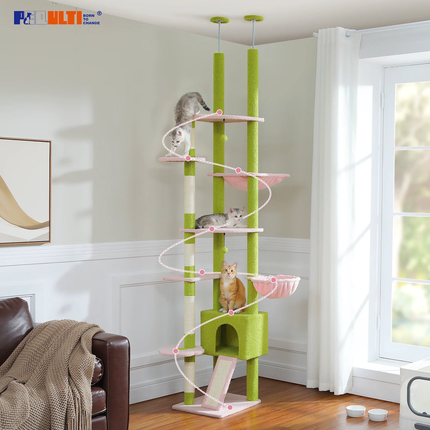 Petepela Cactus Cat Tree Floor To Ceiling With Hammock Scratcher