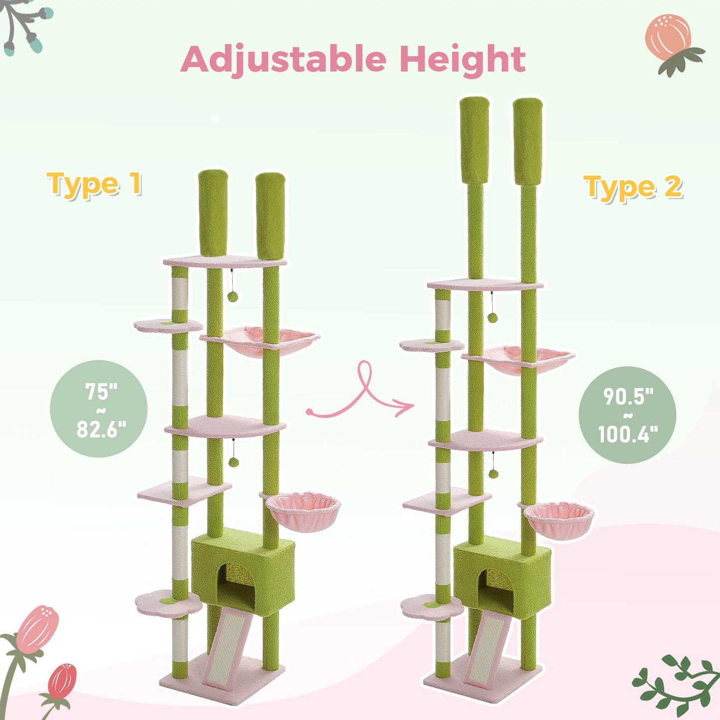 Petepela Cactus Cat Tree Floor To Ceiling With Hammock Scratcher