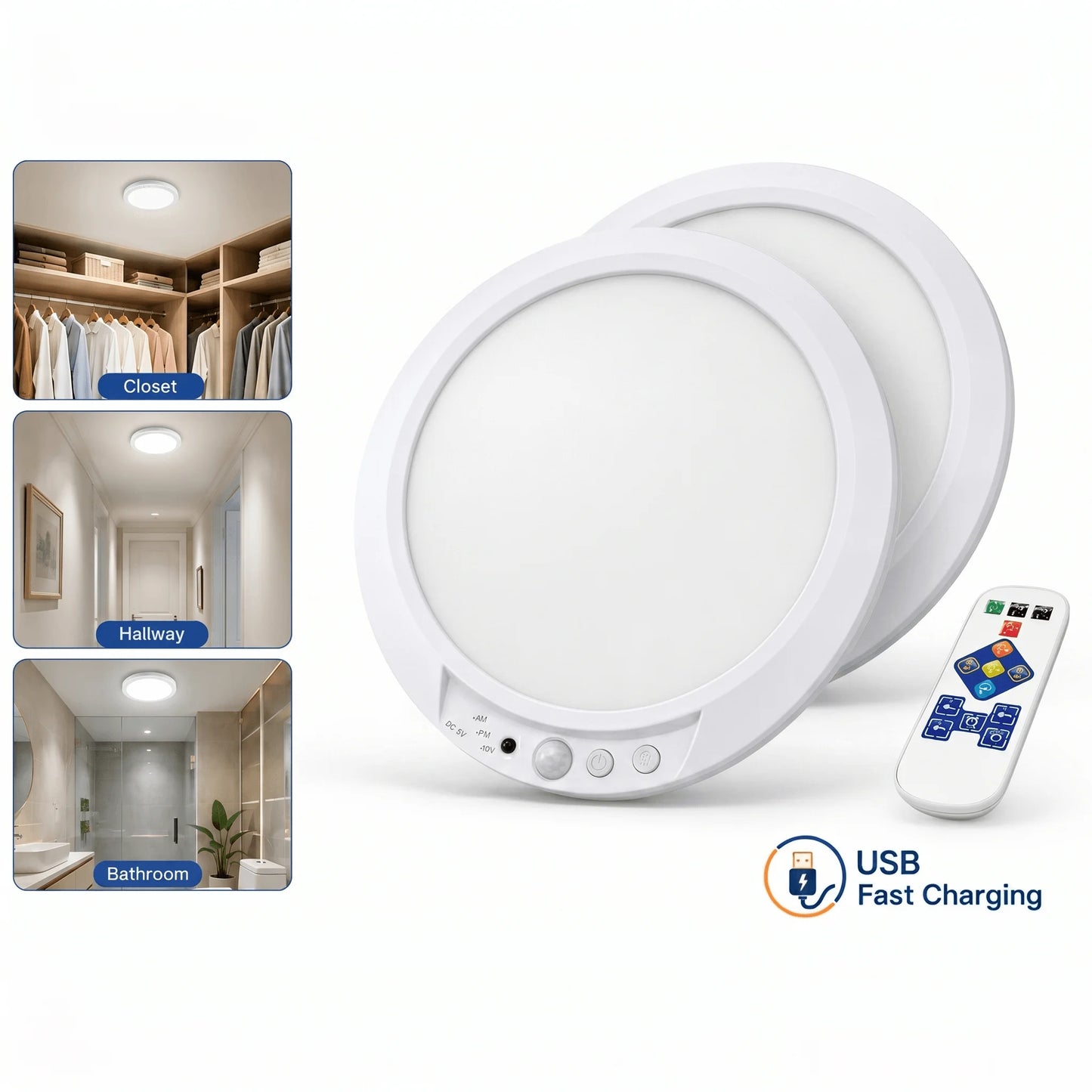 4/2Pack Rechargeable Sensor Ceiling Light with Remote Control, USB Charging, Magnetic Wireless Ceiling Light Battery Powered for Closet Shower Stairs Shed Hallway Porch Patio Ect