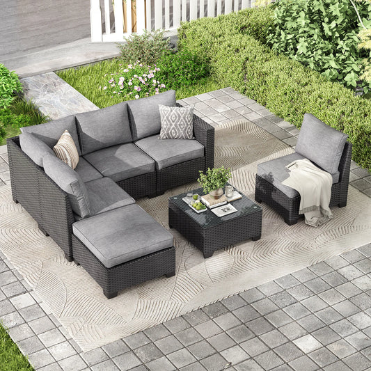 Outdoor Rattan Sectional Sofa Set With Stain Resistant Fabric Ottoman