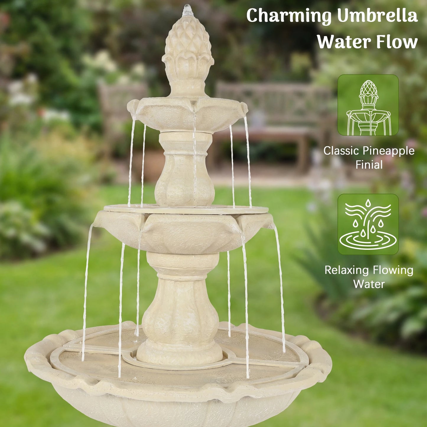Three Tier Solar Powered Outdoor Water Fountain For Garden Decor