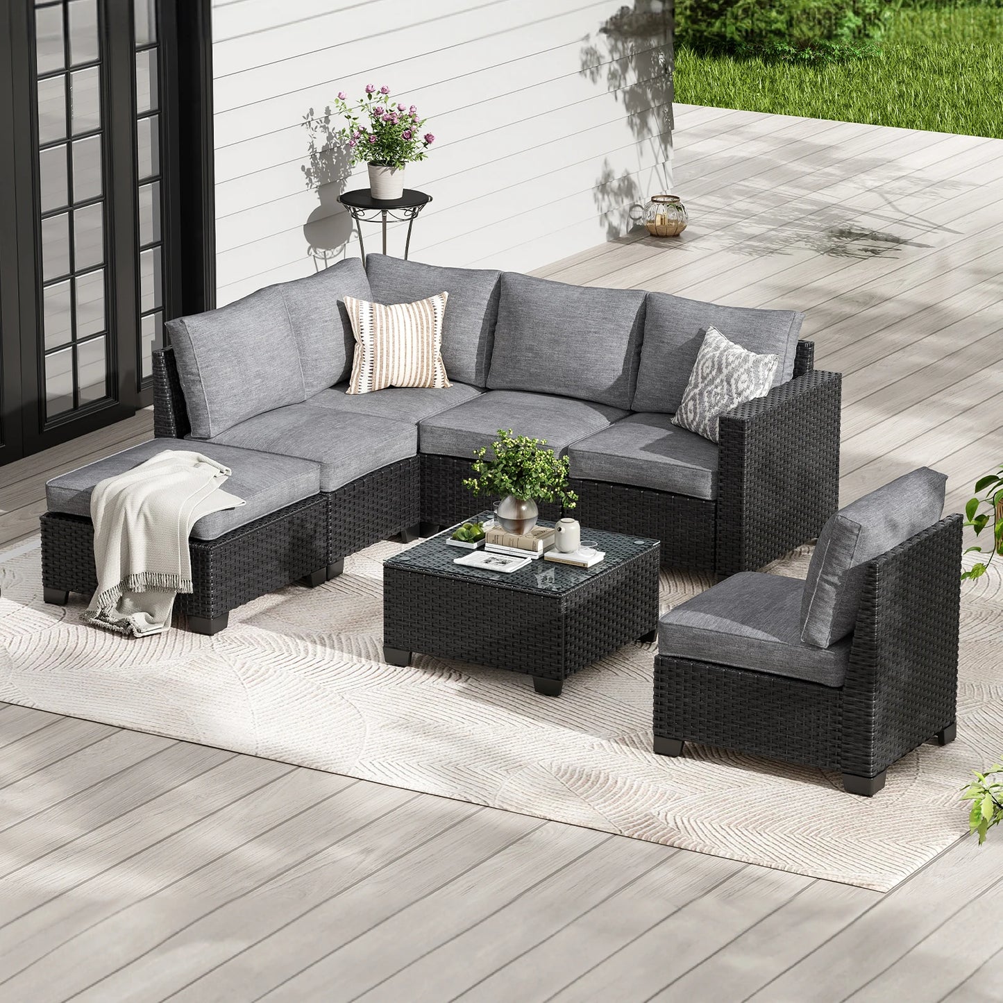 Outdoor Rattan Patio Sectional Sofa Set With Ottoman And Seat Cushions