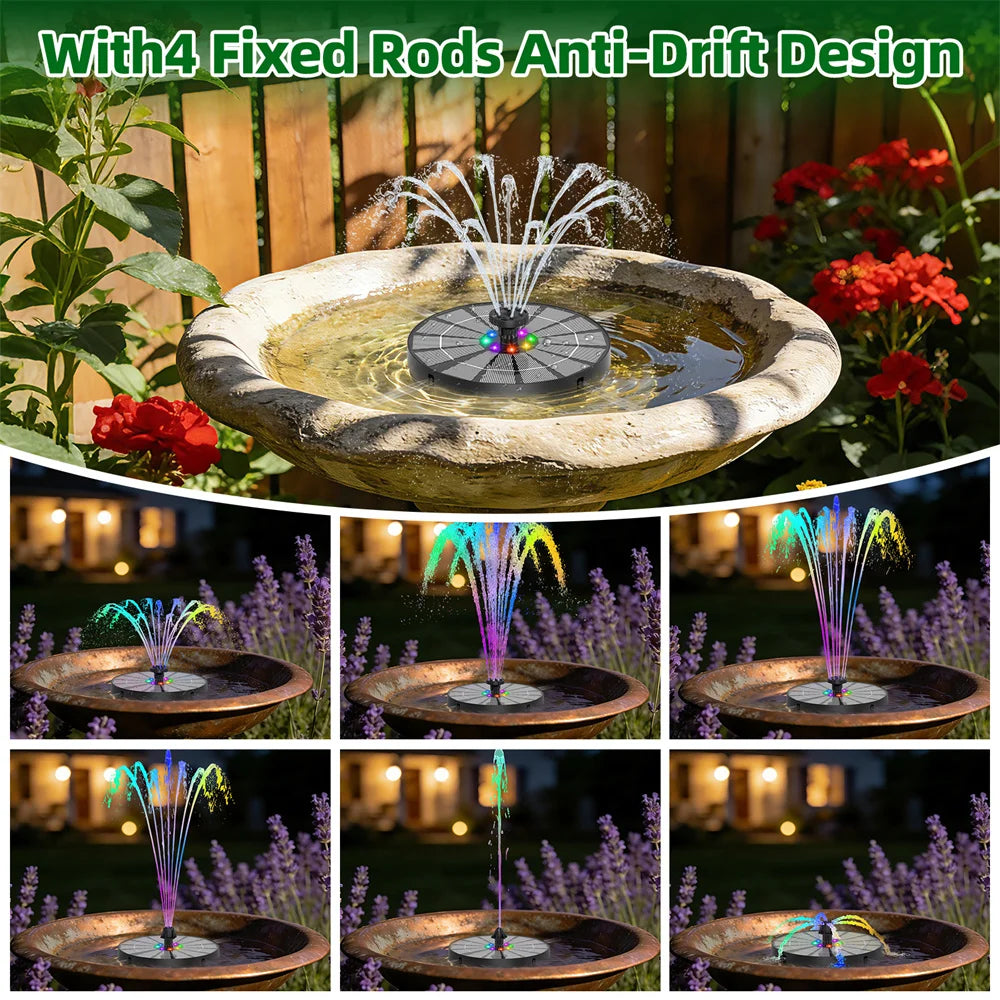 Solar Powered Fountain With 6 Nozzles Led Lights Garden Birds