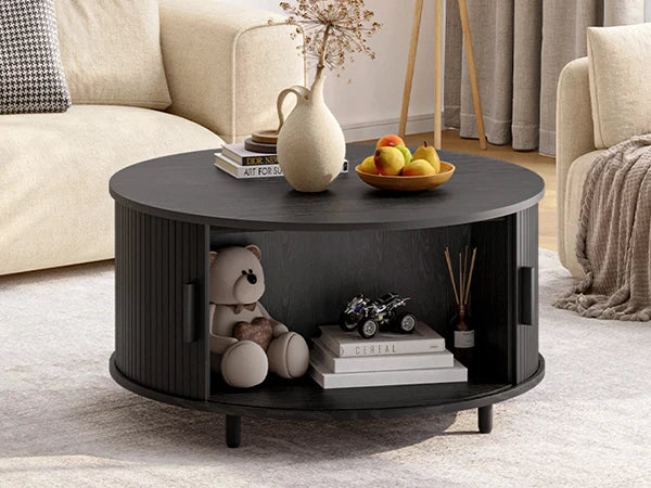 Onbrill Modern Fluted Round Coffee Table Featuring Sliding Storage Door