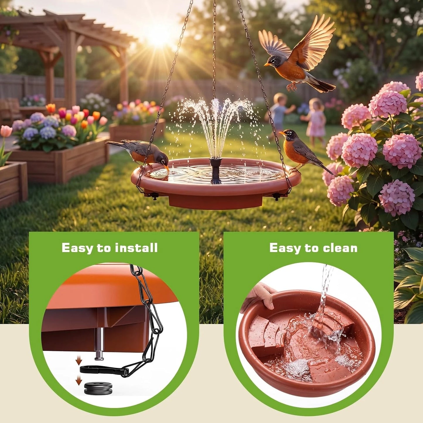 Solar Hanging Bird Bath With Quiet Water Fountain And Steps