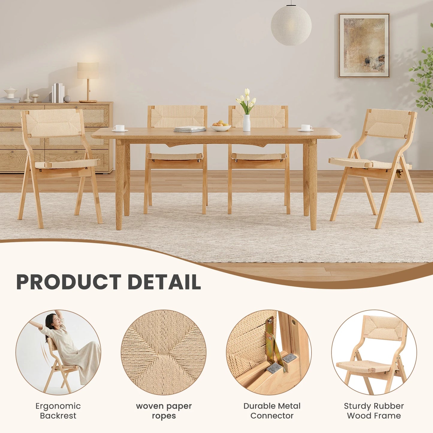 Farini Stackable Wooden Folding Dining Chairs Set With Woven Seat
