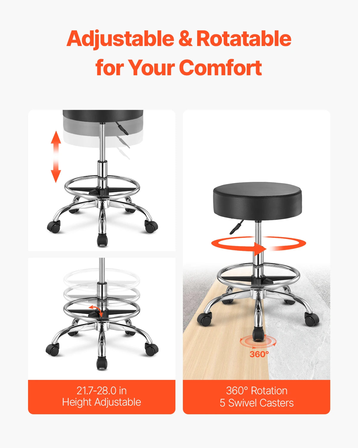 SucceBuy Adjustable Height Swivel Rolling Stool With Wheels