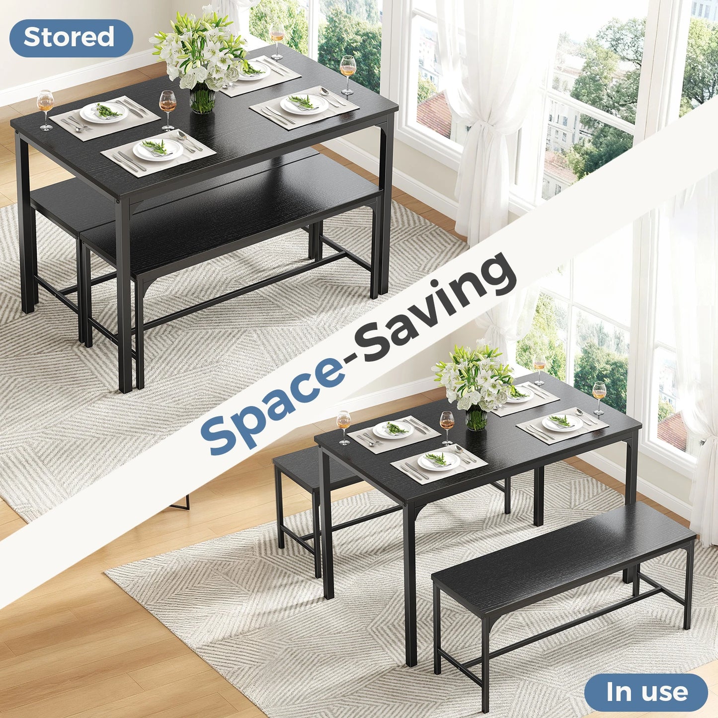 JHK 3Pcs Table and Chair Set Wooden Desktop with Metal Frame for Easy Storage Space-Saving Ideal 4-Person Set for Living Room Kitchen Apartment Corner
