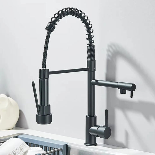 Black Spring Pull Down Stainless Steel Kitchen Sink Faucet Hot Cold Water Mixer Crane Tap with Dual Spout 360° Rotation Faucet