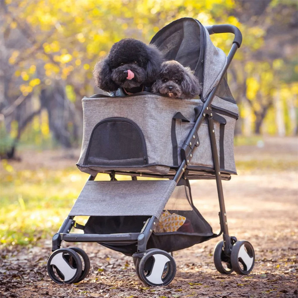 Foldable Pet Stroller With Storage Basket And Rain Cover