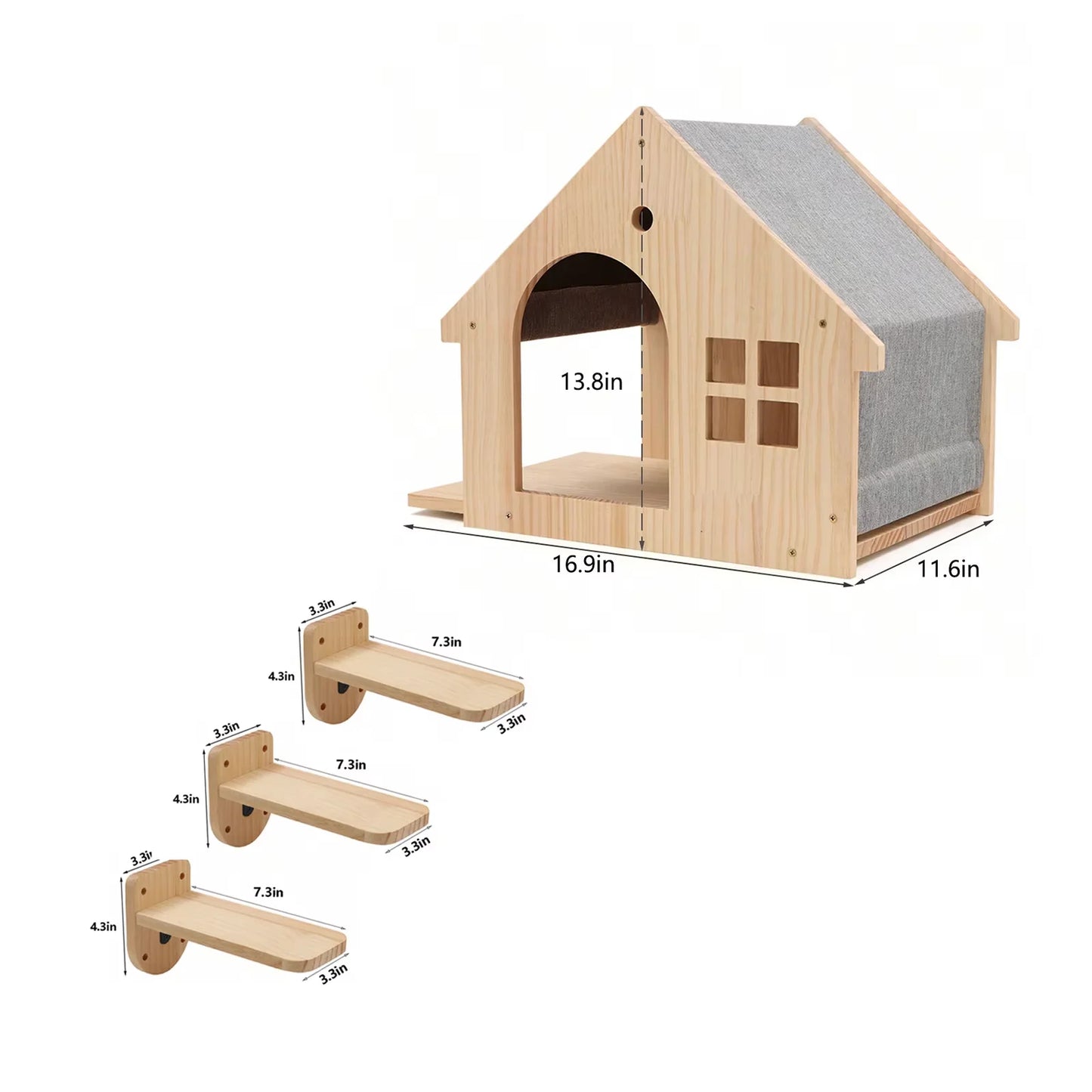 Wooden Wall Mount Cat Climbing Villa Floating Shelf