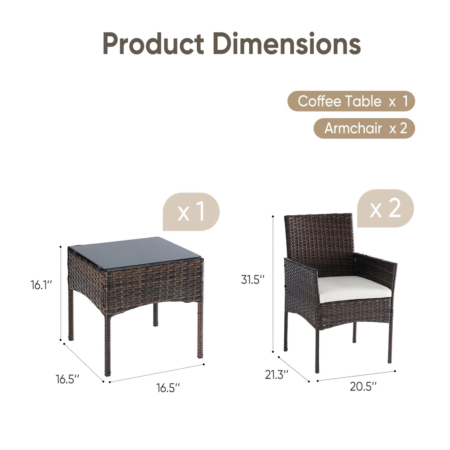 JHK Outdoor Wicker Bistro Set With Glass Table And Cushions