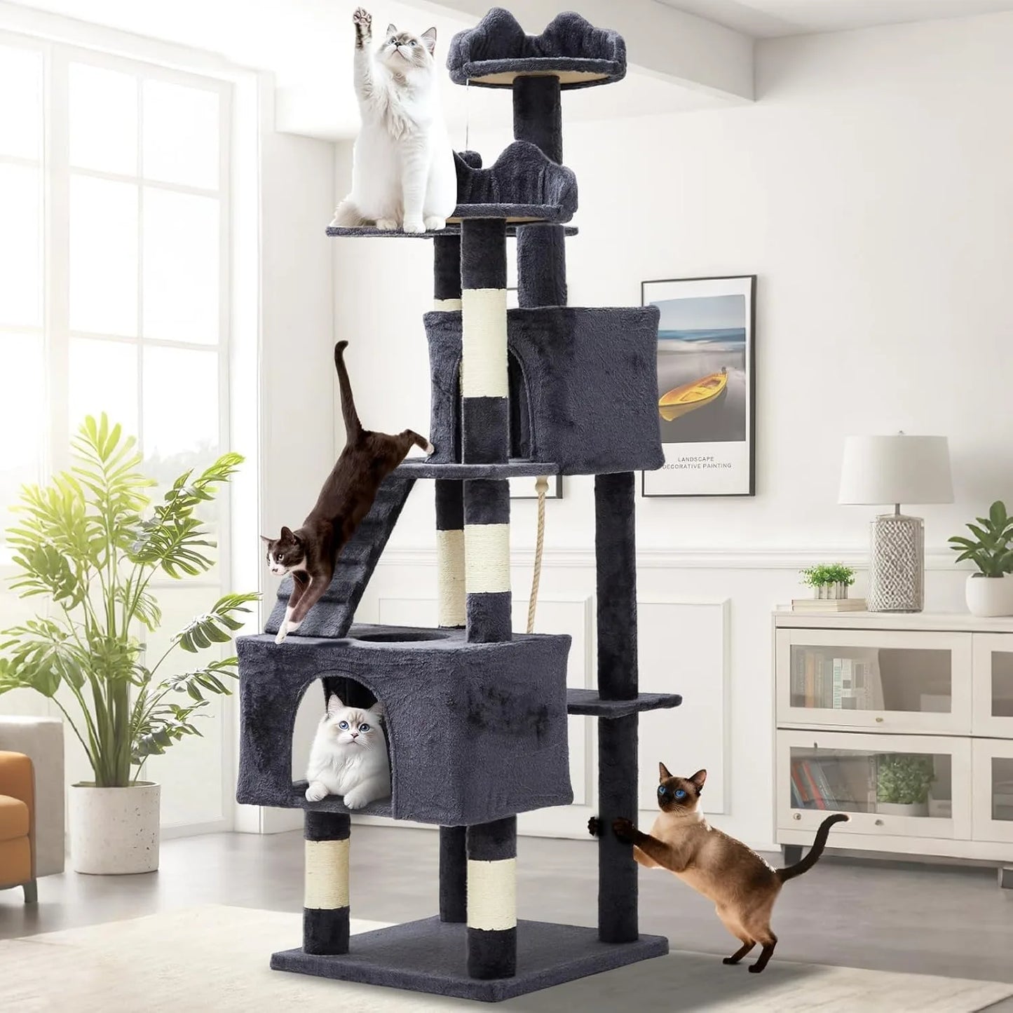 Sturdy Multi Level Cat Tower With Sisal Scratching Posts Condos Hammock