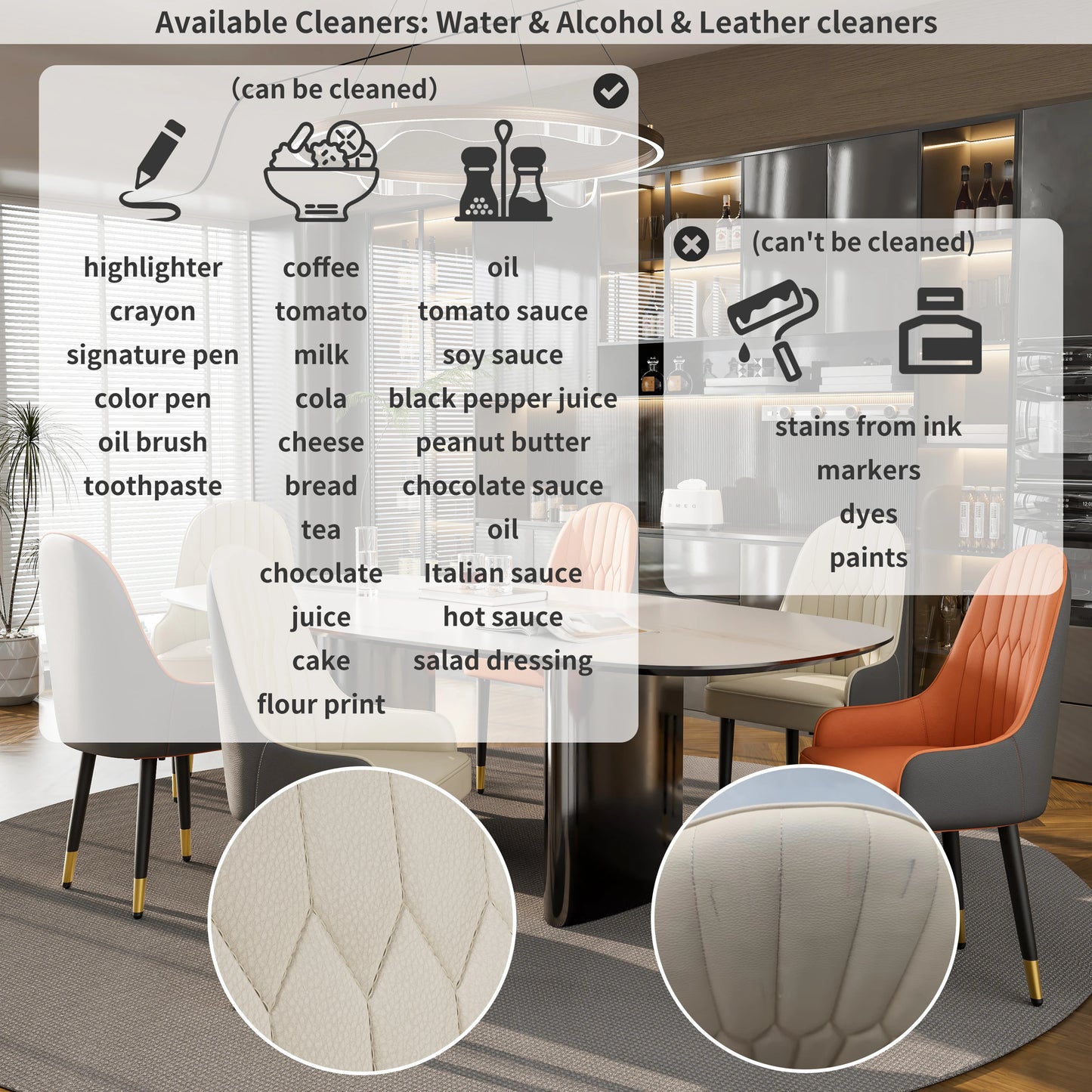 Modern Synthetic Leather Dining Chairs With Metal Frame And Padded Seats