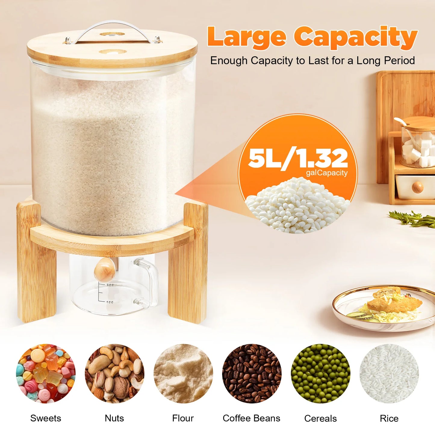 5L Clear Glass Cereal Dispenser, Cereal Storage Containers with Sealed Bamboo Lid for Rice Nuts Coffee Beans