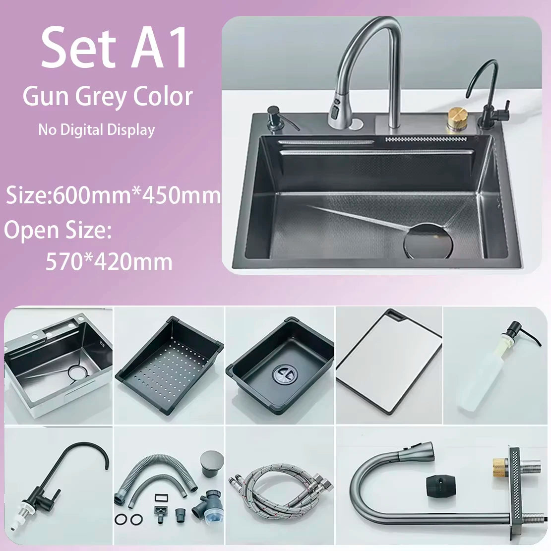 304 Stainless Steel Waterfall Kitchen Sink Large Single Slot Integrated Digital Display Faucet Set Soap Dispenser Cup Washer