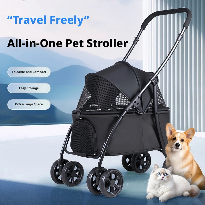 Foldable Four Wheel Pet Stroller With Breathable Mesh Windows