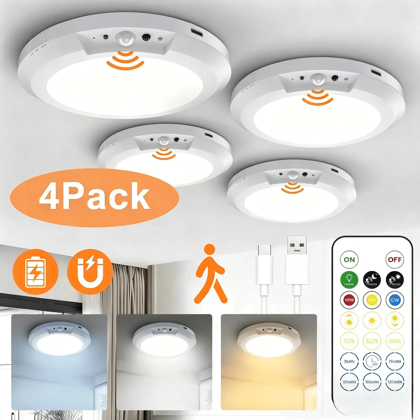 4/2Pack Rechargeable Sensor Ceiling Light with Remote Control, USB Charging, Magnetic Wireless Ceiling Light Battery Powered for Closet Shower Stairs Shed Hallway Porch Patio Ect