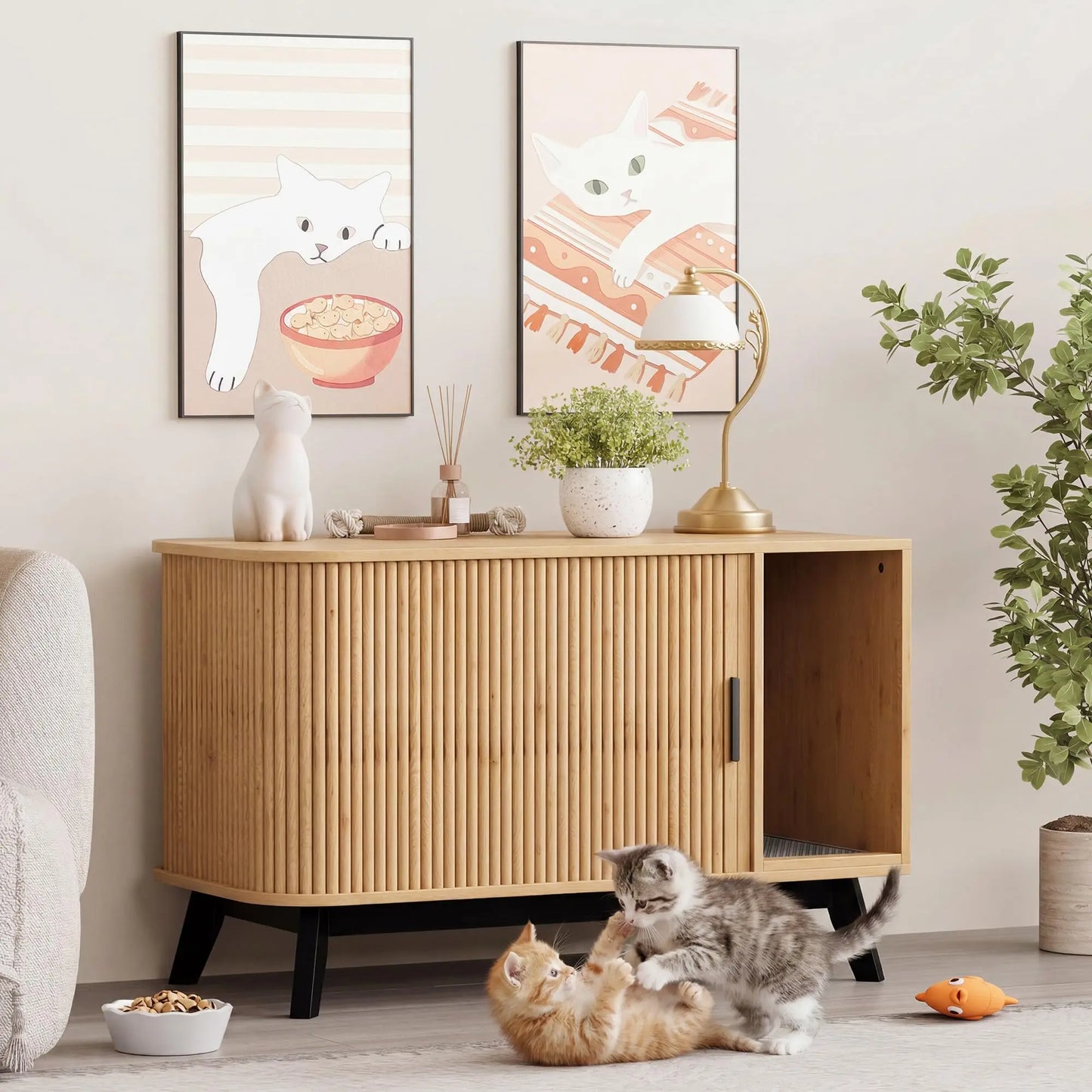 Hidden Litter Enclosure With Ventilated Sliding Door And Storage Cabinet