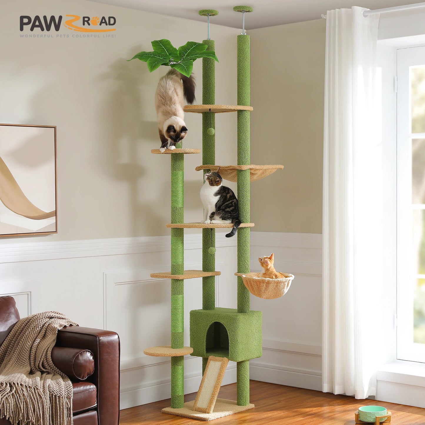 Petepeala Floor To Ceiling Cat Tree With Adjustable Cozy Hammock