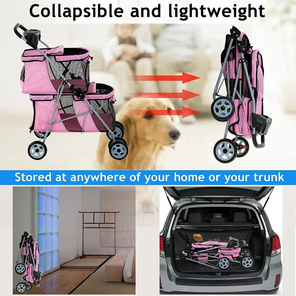 Double Pet Stroller With Cup Holder And Foldable Design