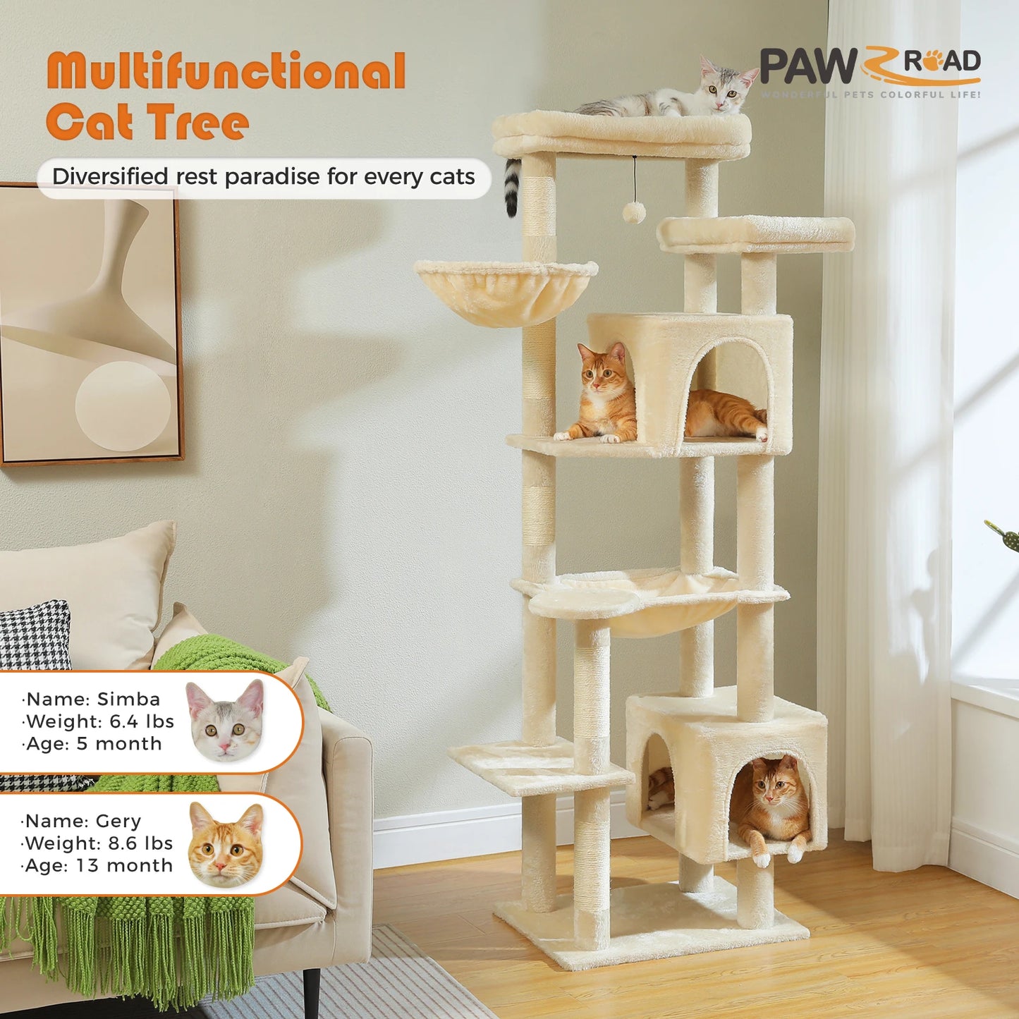 PAWZ Road Tall Cat Tree with Scratching Posts and Hammock