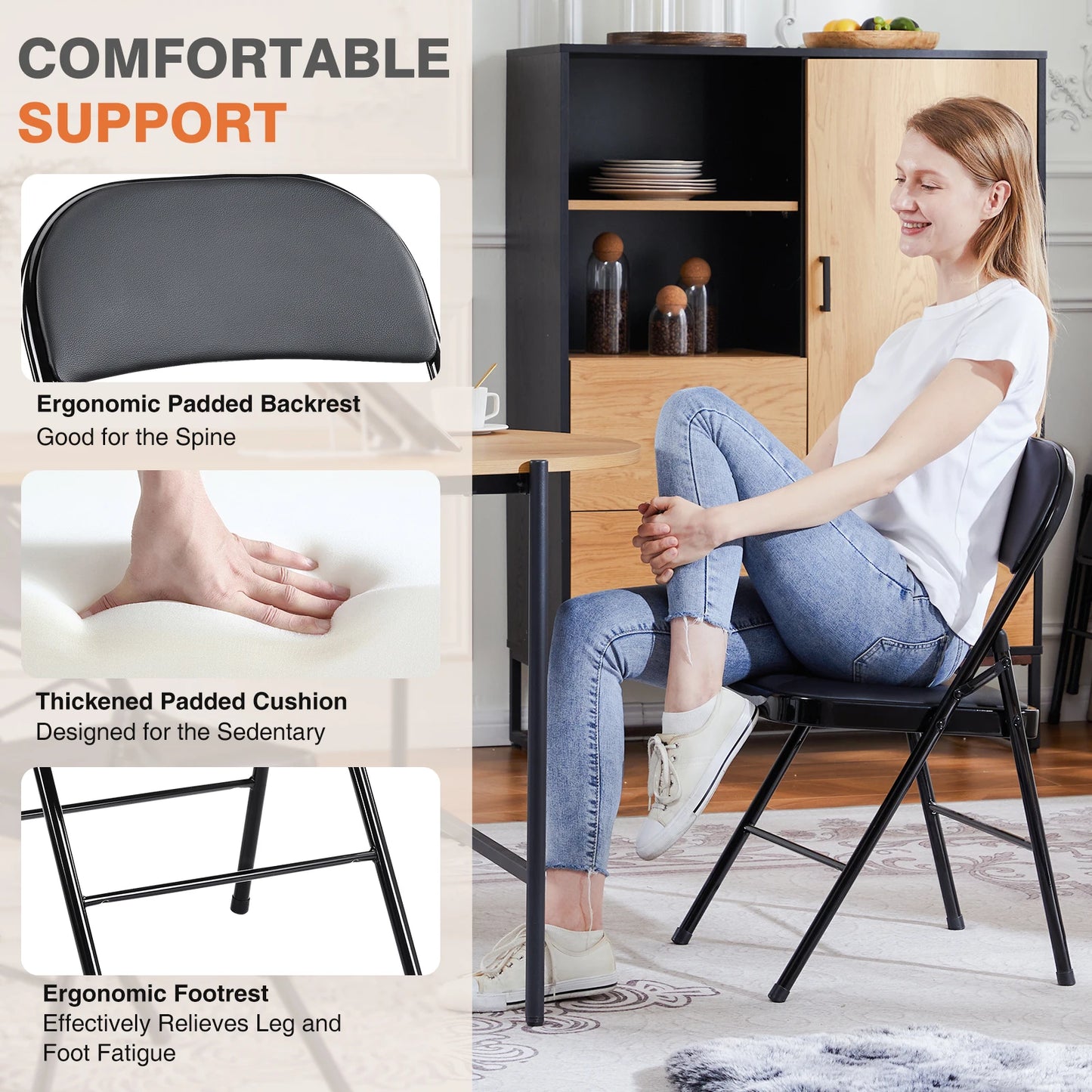 JHK Leather Padded Folding Chairs 4 Pack Sturdy Metal Frame