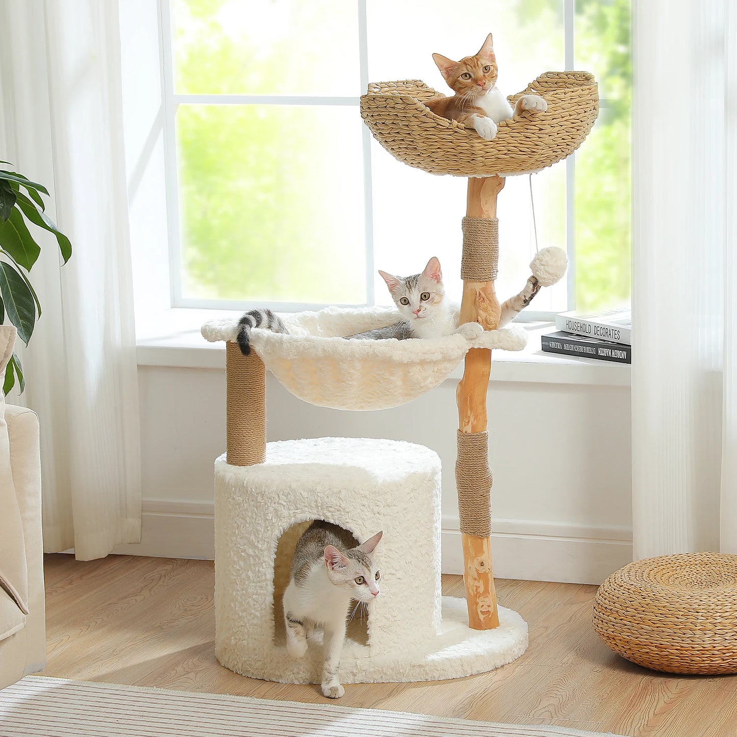 PAWZ Road Modern Wooden Cat Tree Tower With Wicker Basket
