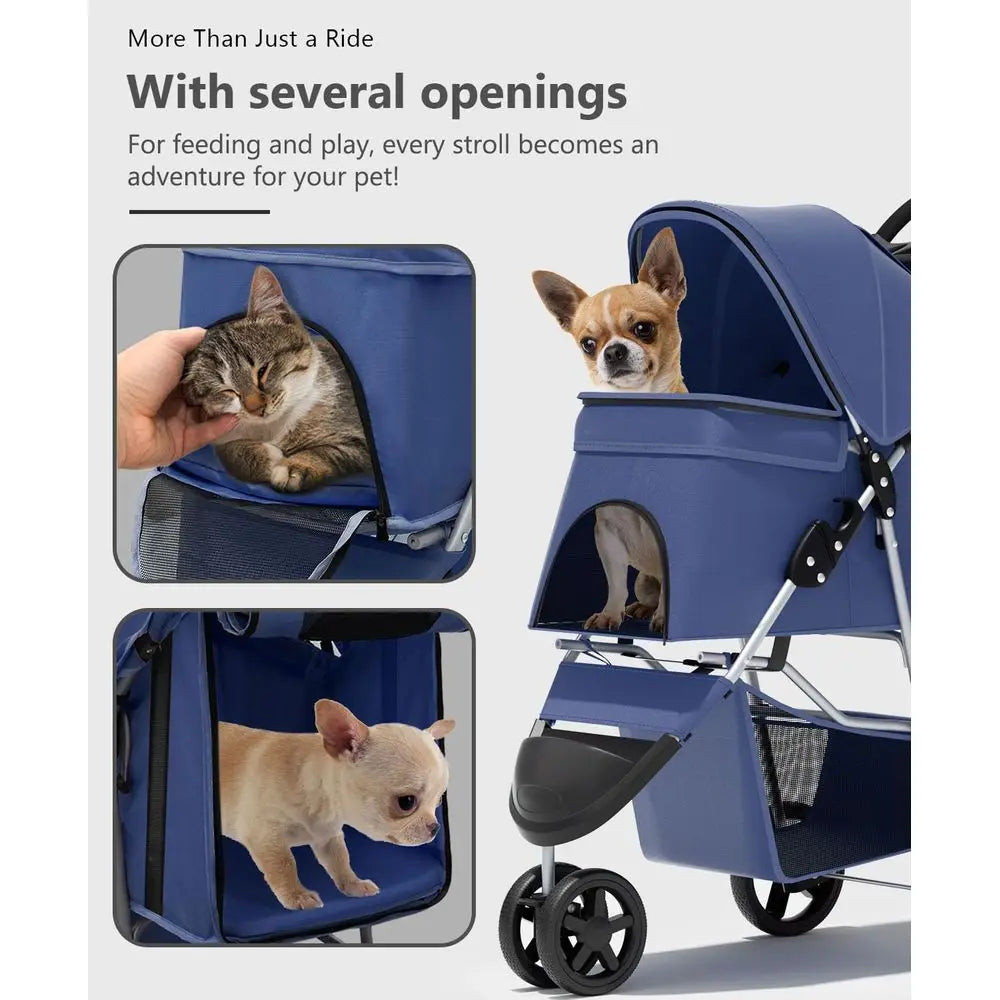 Three Wheel Foldable Pet Stroller With Rear Brakes And Storage