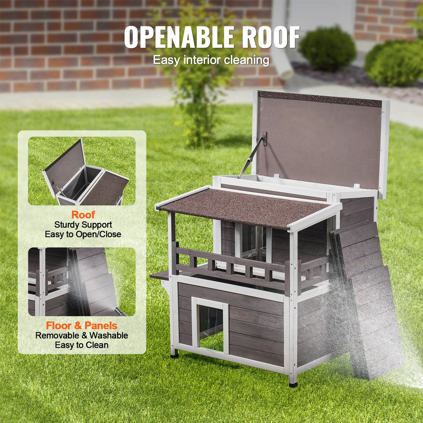 SucceBuy Weatherproof Outdoor Cat House Cedar Shelter With Balcony