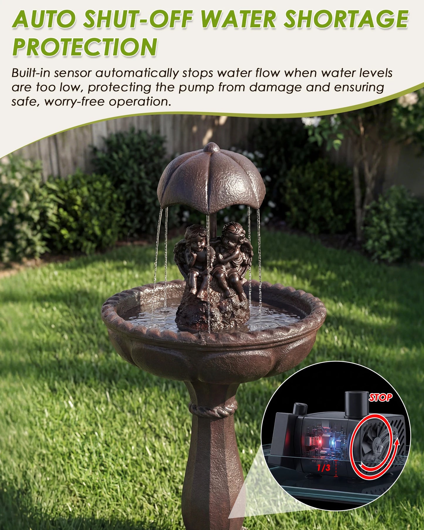 Solar Outdoor Water Fountain With Auto Shutoff And Silent Pump