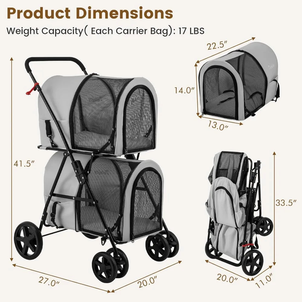 Lightweight Foldable Double Pet Stroller For Dogs And Cats